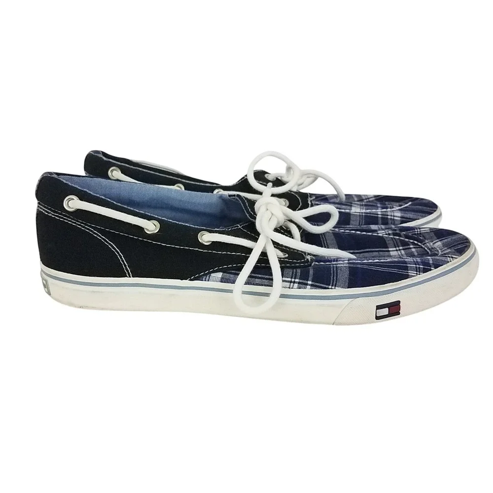 Tommy Hilfiger TMFred Boat Shoes Mens 11.5 Blue‎ Canvas Chekkers Lace Up SH168